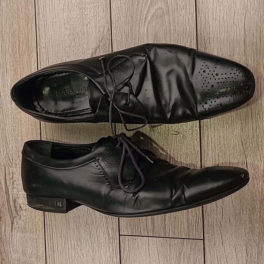 LOUIS VUITTON Black Leather Sz 8.5 Lace Up Derby Mens Dress Shoes